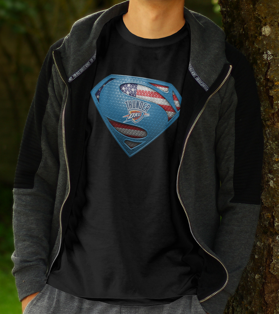 Oklahoma City Thunder Superman Shield With Usa Flag T-Shirt