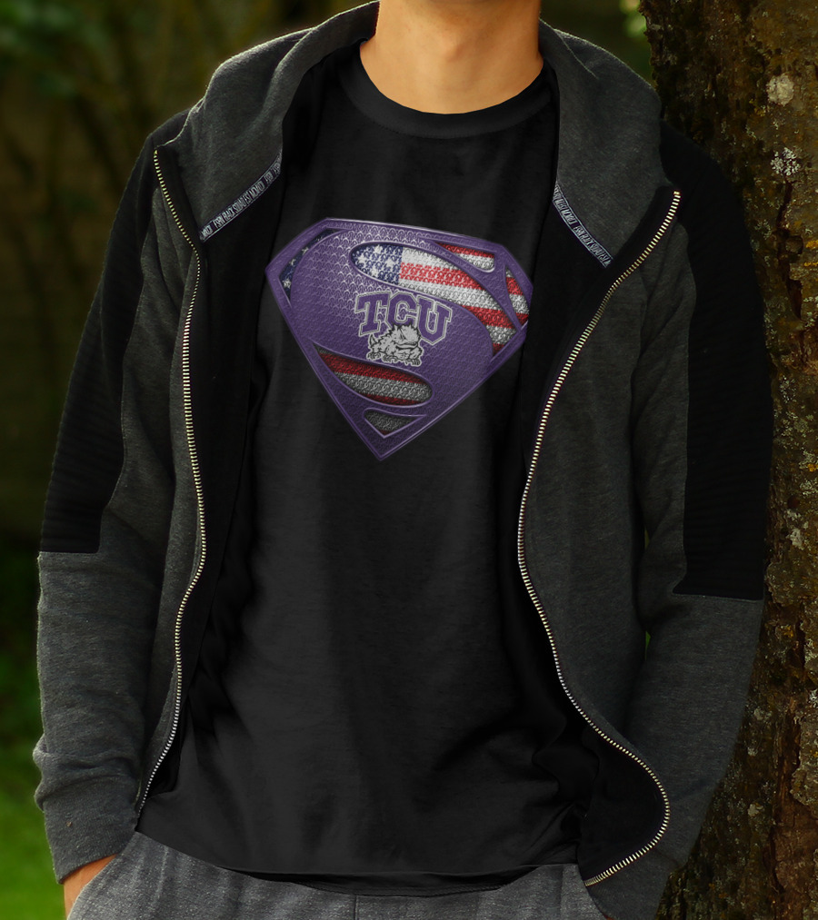 Tcu Horned Frogs Superman Logo Purple American Flag Theme T-Shirt