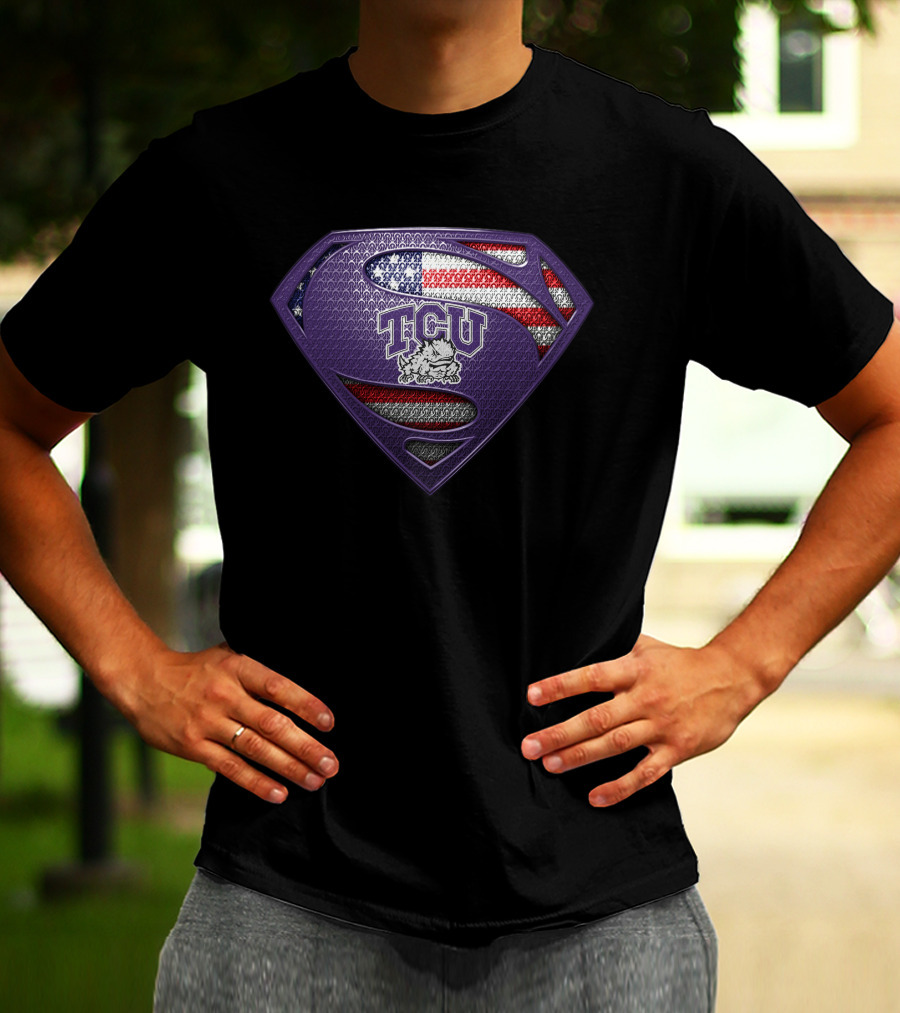 Tcu Horned Frogs Superman Logo Purple American Flag Theme T-Shirt