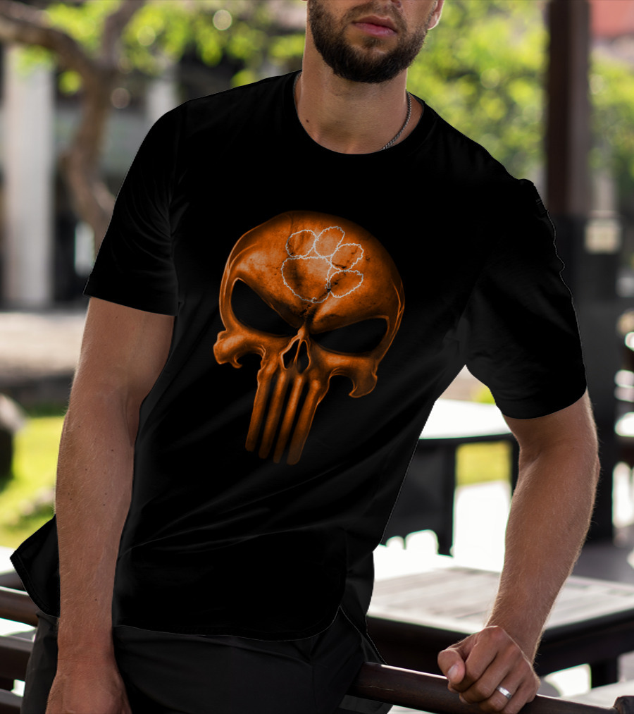 Clemson Tigers Skull With Orange Punisher Style And Paw T-Shirt