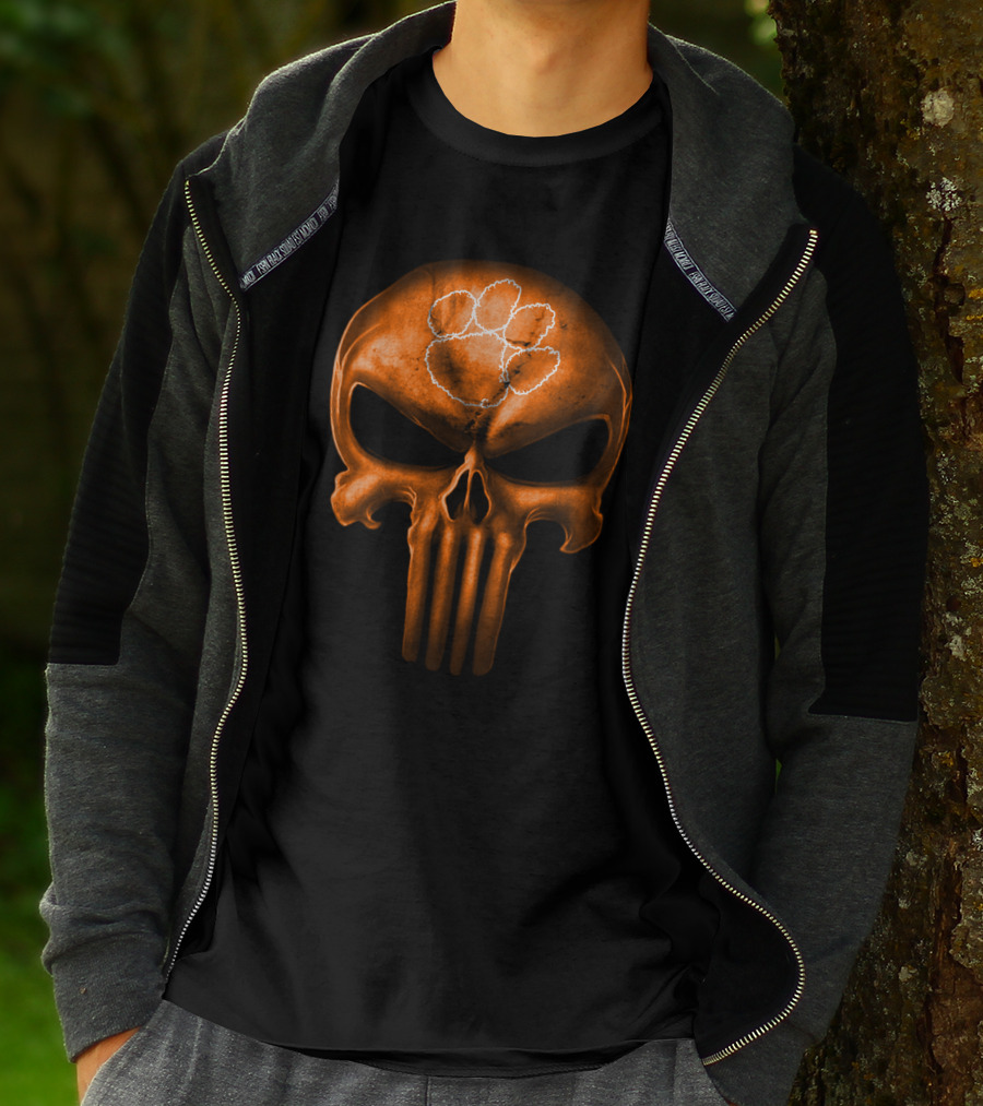 Clemson Tigers Skull With Orange Punisher Style And Paw T-Shirt