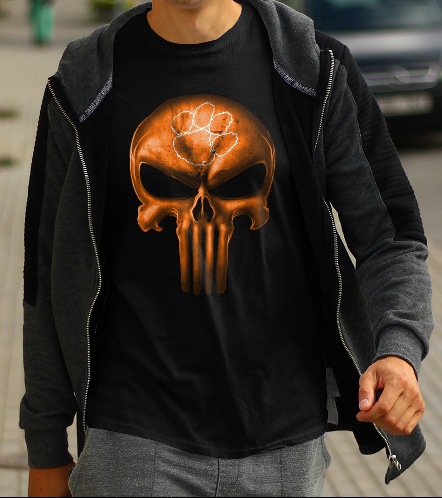 Clemson Tigers Skull With Orange Punisher Style And Paw T-Shirt