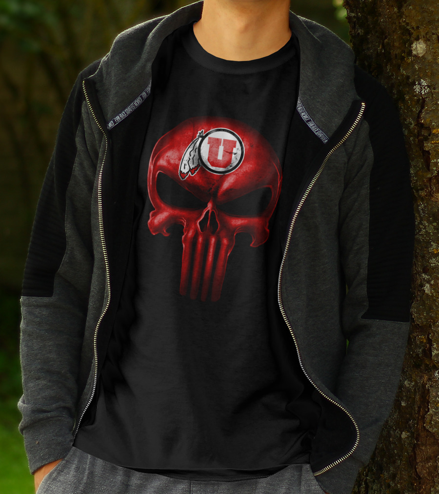 Utah Utes Punisher Skull Red Feathers T-Shirt