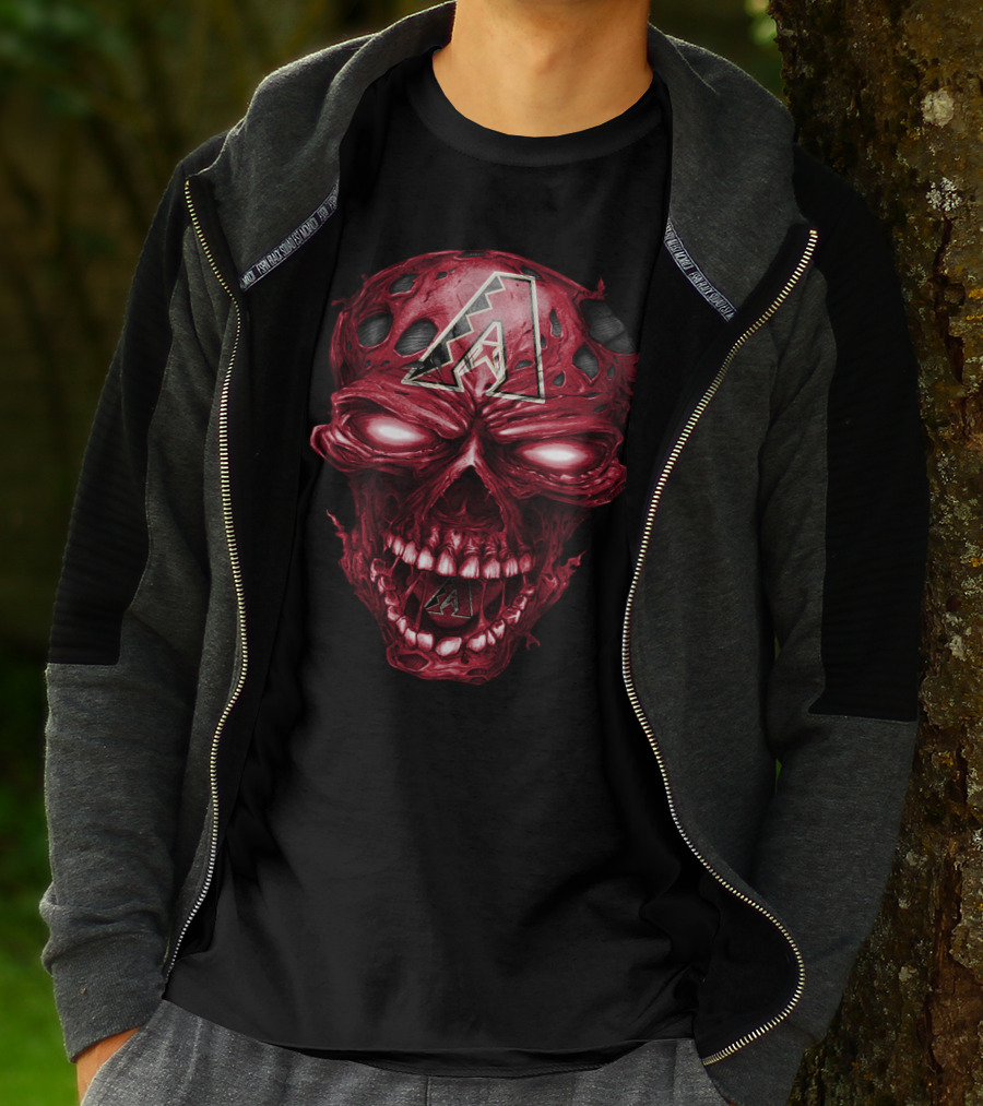 Arizona Diamondbacks Skull With Team Logo On Red Textured T-Shirt