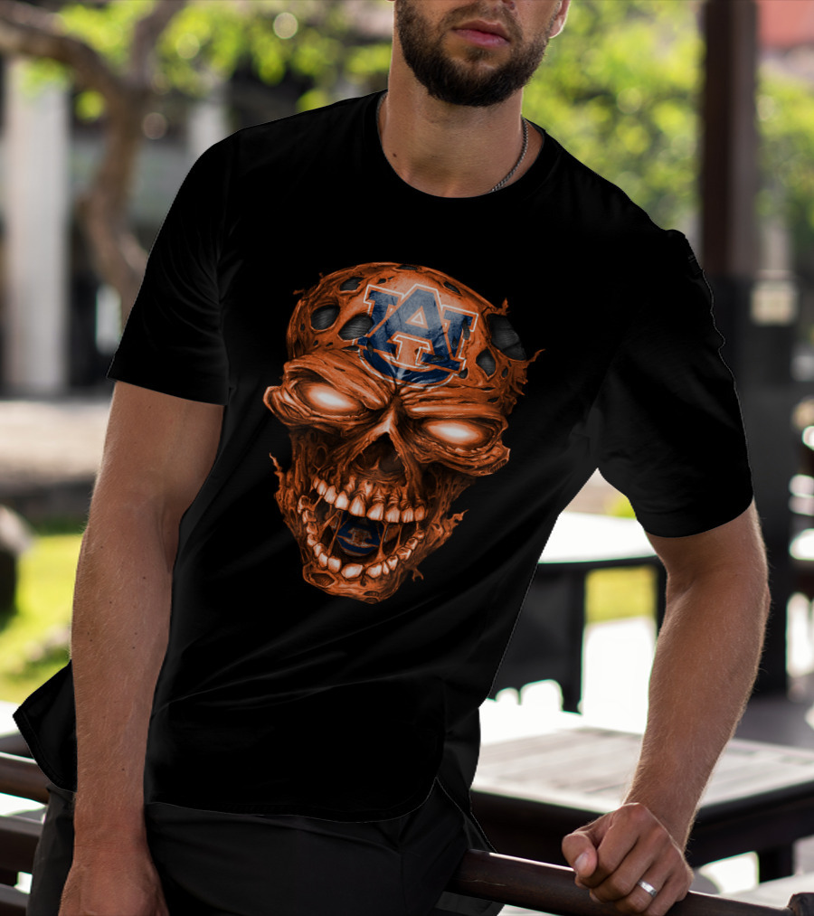 Auburn Tigers Skull With Auburn Logo And Fiery Eyes T-Shirt