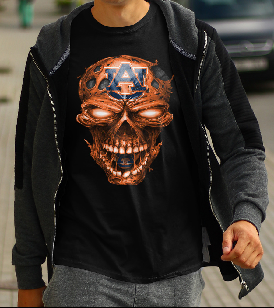 Auburn Tigers Skull With Auburn Logo And Fiery Eyes T-Shirt