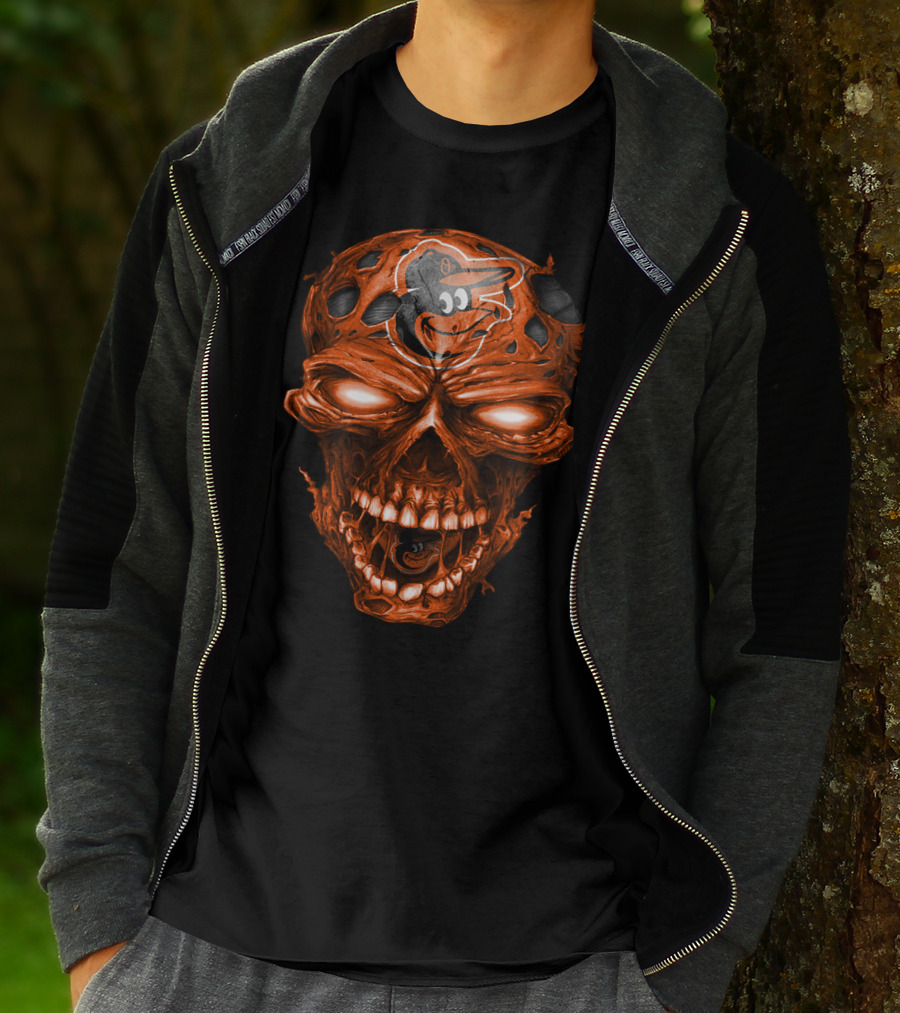 Baltimore Orioles Logo On Orange Skull T-Shirt
