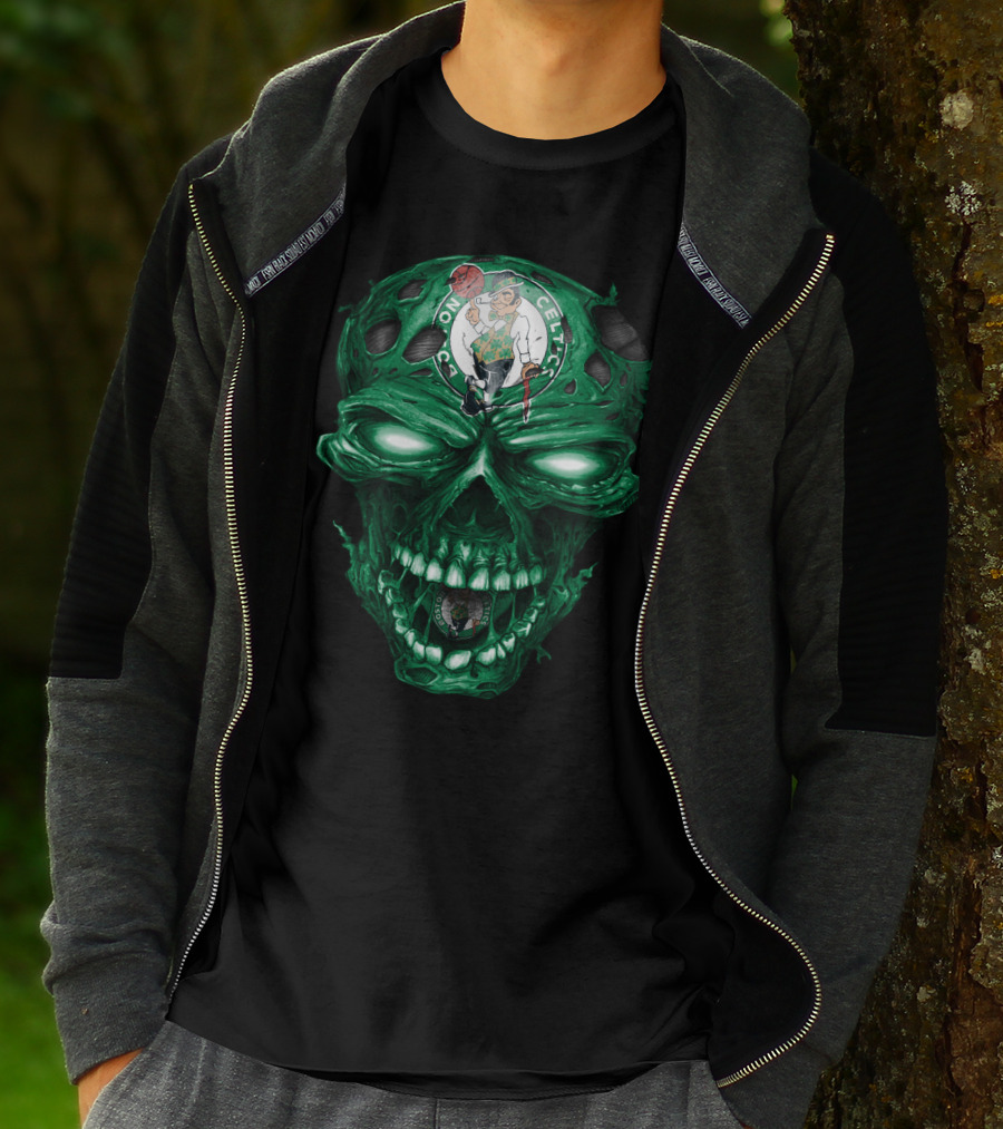 Boston Celtics Skull With Team Logo And Green Fire Eyes T-Shirt