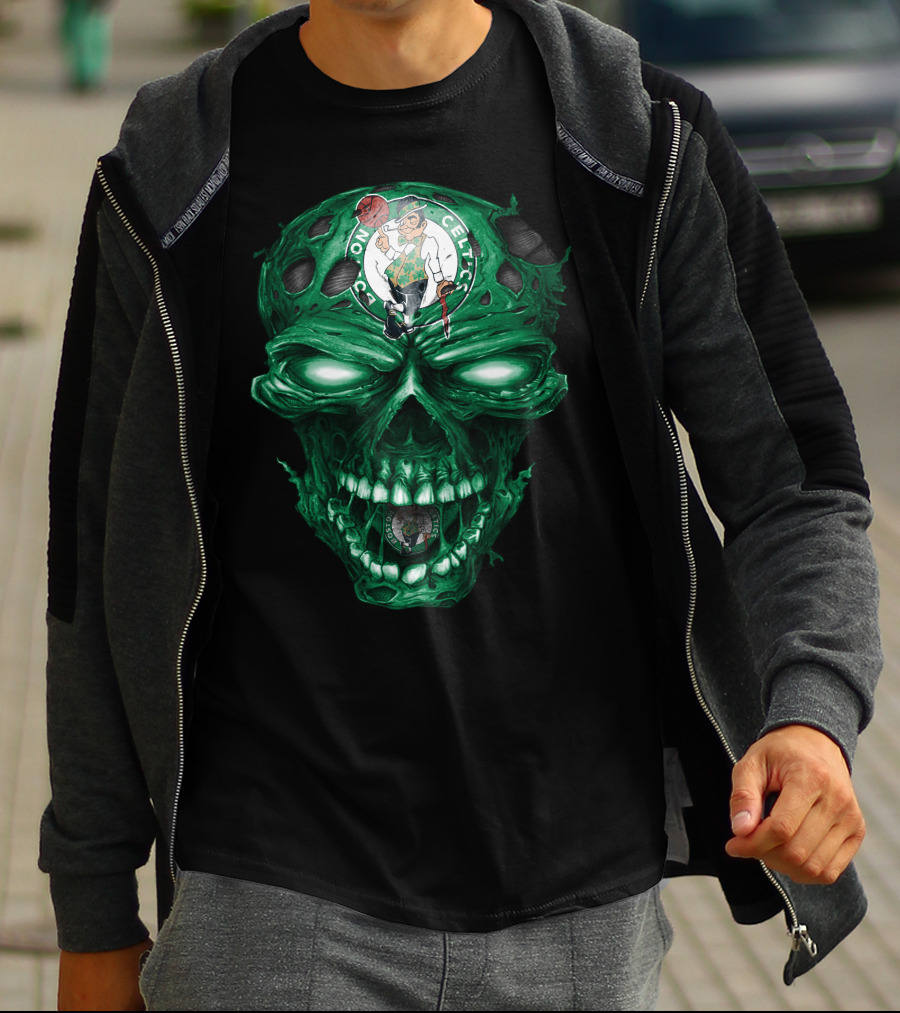 Boston Celtics Skull With Team Logo And Green Fire Eyes T-Shirt