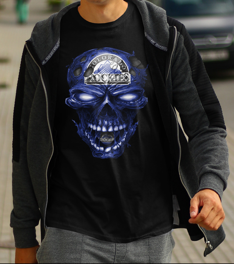 Colorado Rockies Skull Logo With Blue Fiery T-Shirt