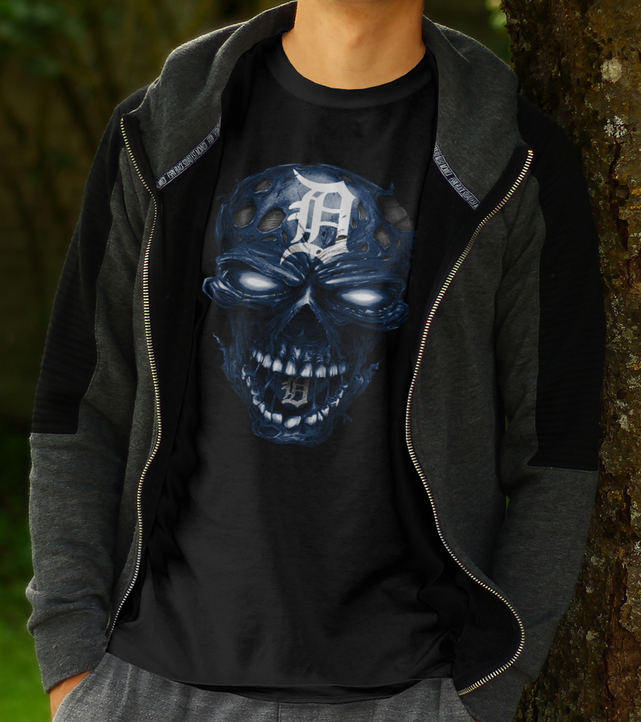 Detroit Tigers Skull Dark Blue White Logo Fusion T-Shirt