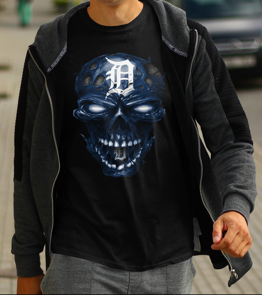 Detroit Tigers Skull Dark Blue White Logo Fusion T-Shirt