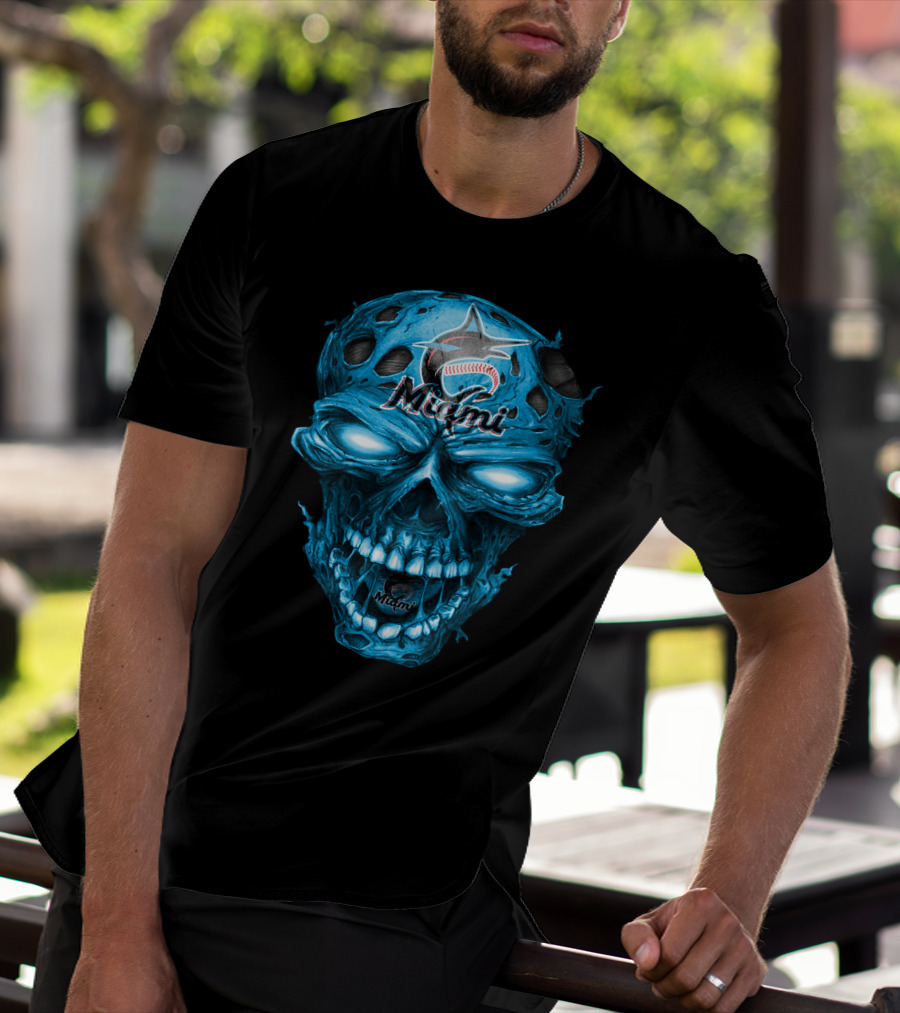 Miami Marlins Skull Blue Baseball T-Shirt