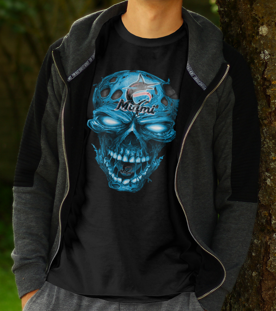Miami Marlins Skull Blue Baseball T-Shirt