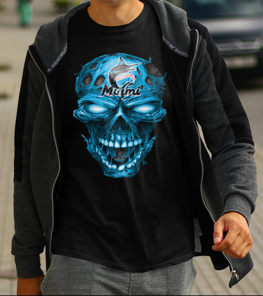 Miami Marlins Skull Blue Baseball T-Shirt