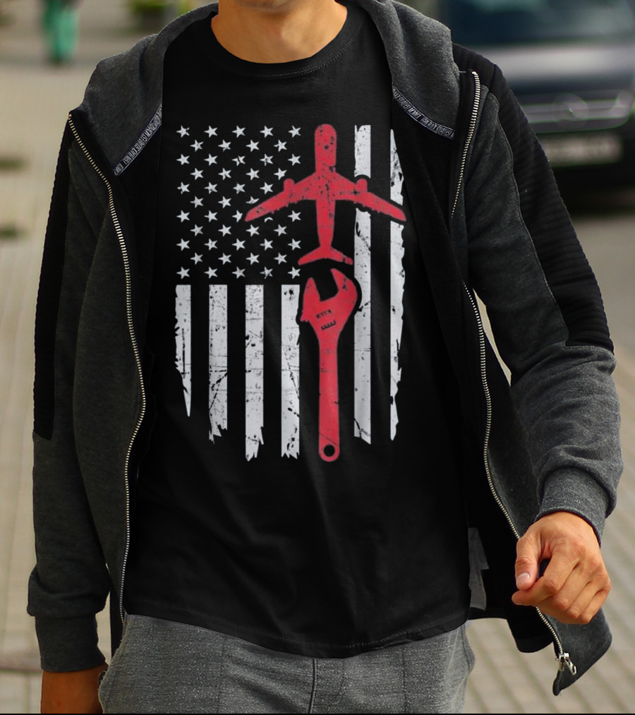 American Flag Airplane Mechanic Aviation Technician Wrench T-Shirt