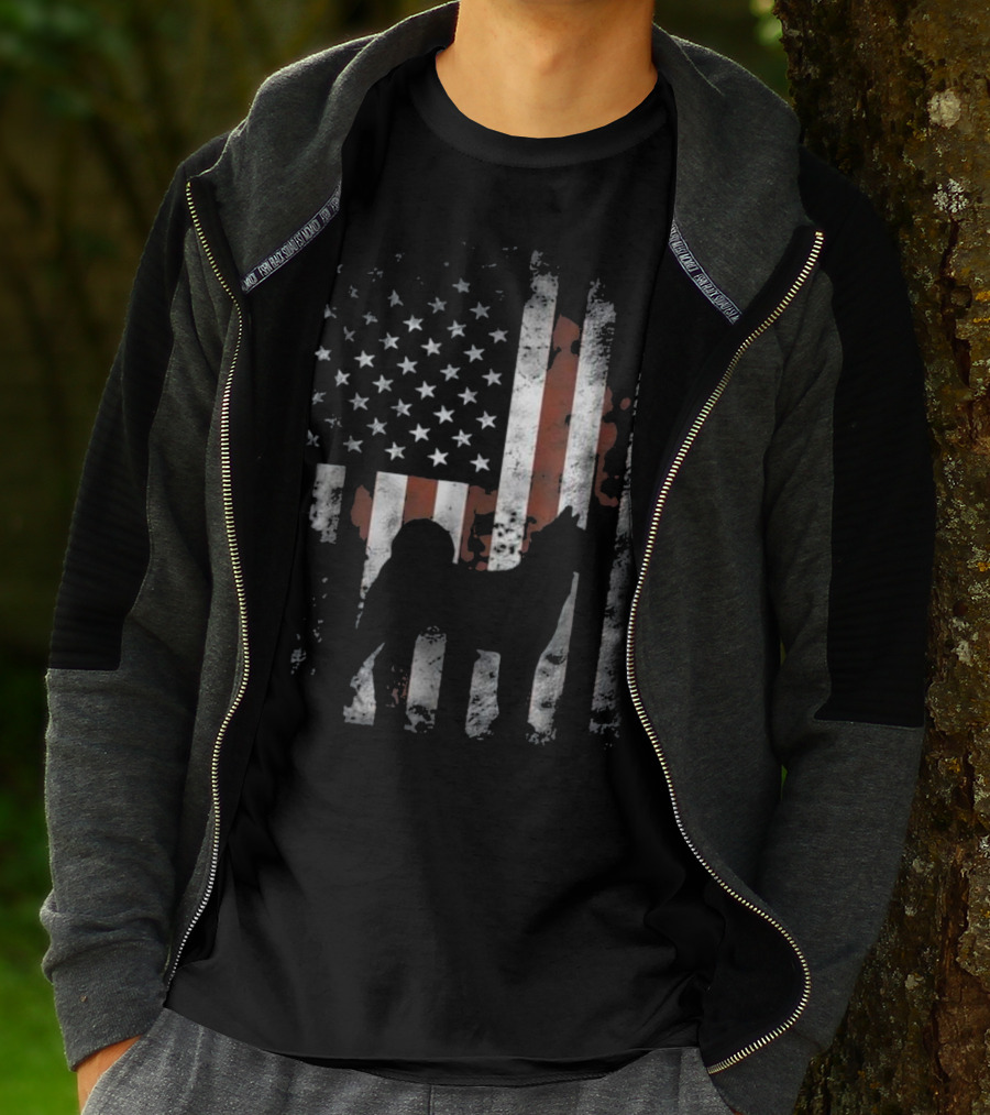 Akita Inu Silhouette Overlaid On American Flag Patriotic T-Shirt