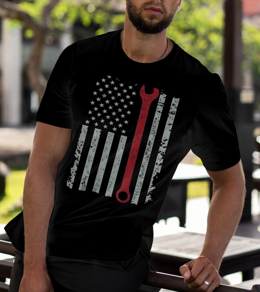 American Flag Mechanic Wrench Patriotic USA Pride T-Shirt