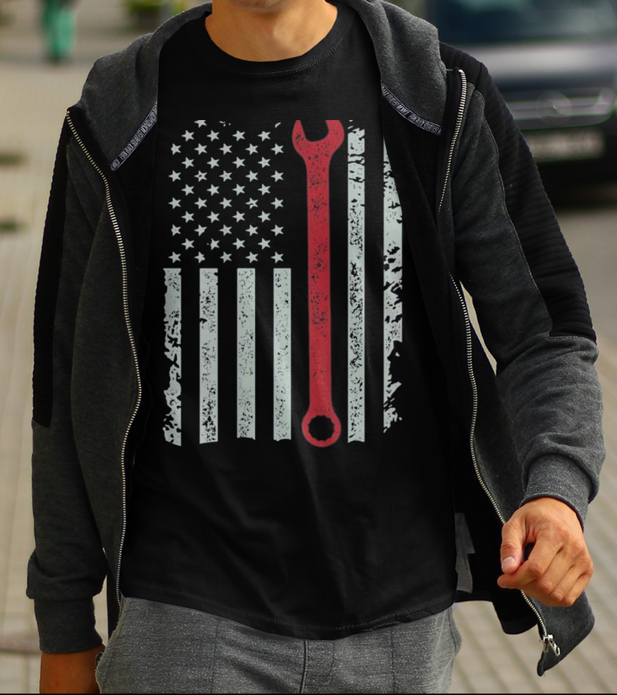 American Flag Mechanic Wrench Patriotic USA Pride T-Shirt