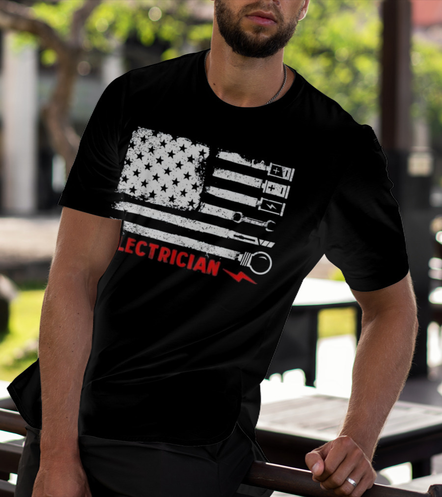 American Flag Electrician Wrench Bolt Battery Stars Stripe Icons T-Shirt
