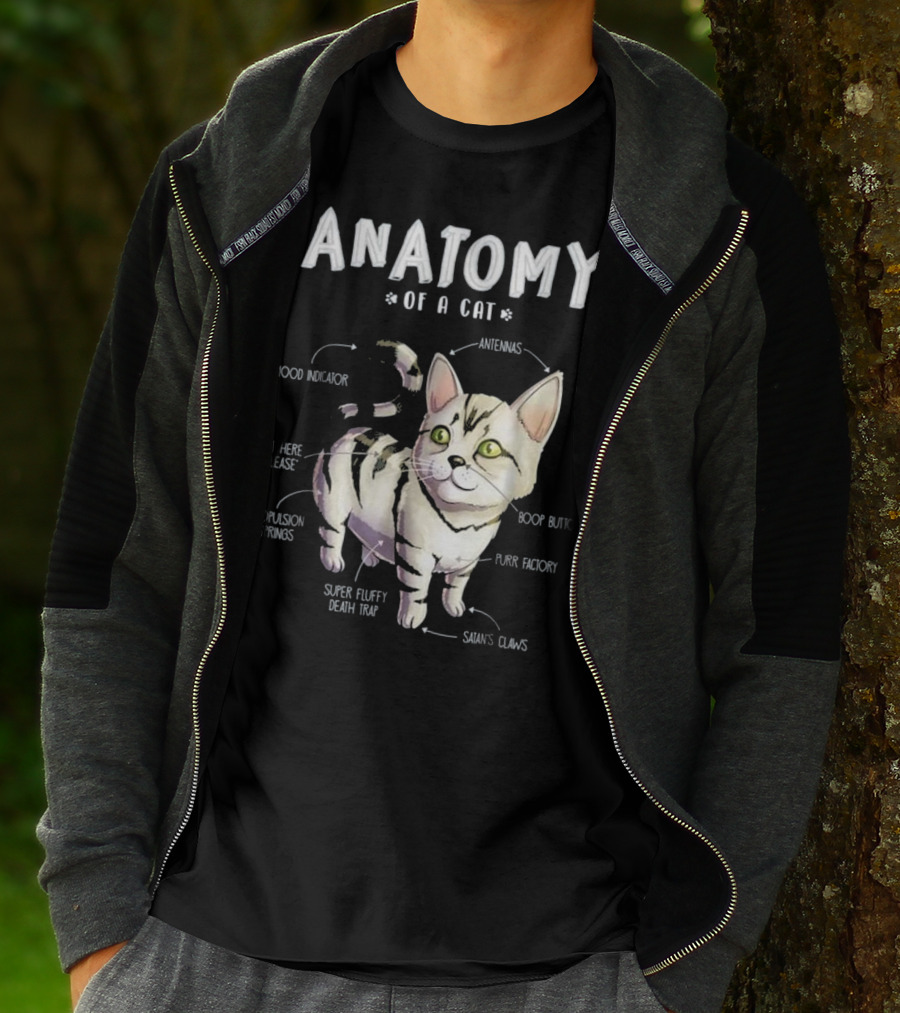Anatomy Of A Cat Cute Funny Mood Indicator Purr Factory Boop Button Super Fluffy Death Trap T-Shirt