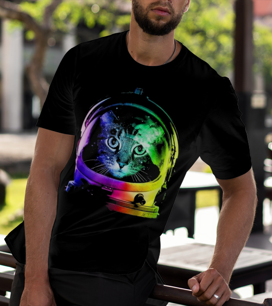 Space Cat In Astronaut Helmet With Cosmic Rainbow Colors T-Shirt