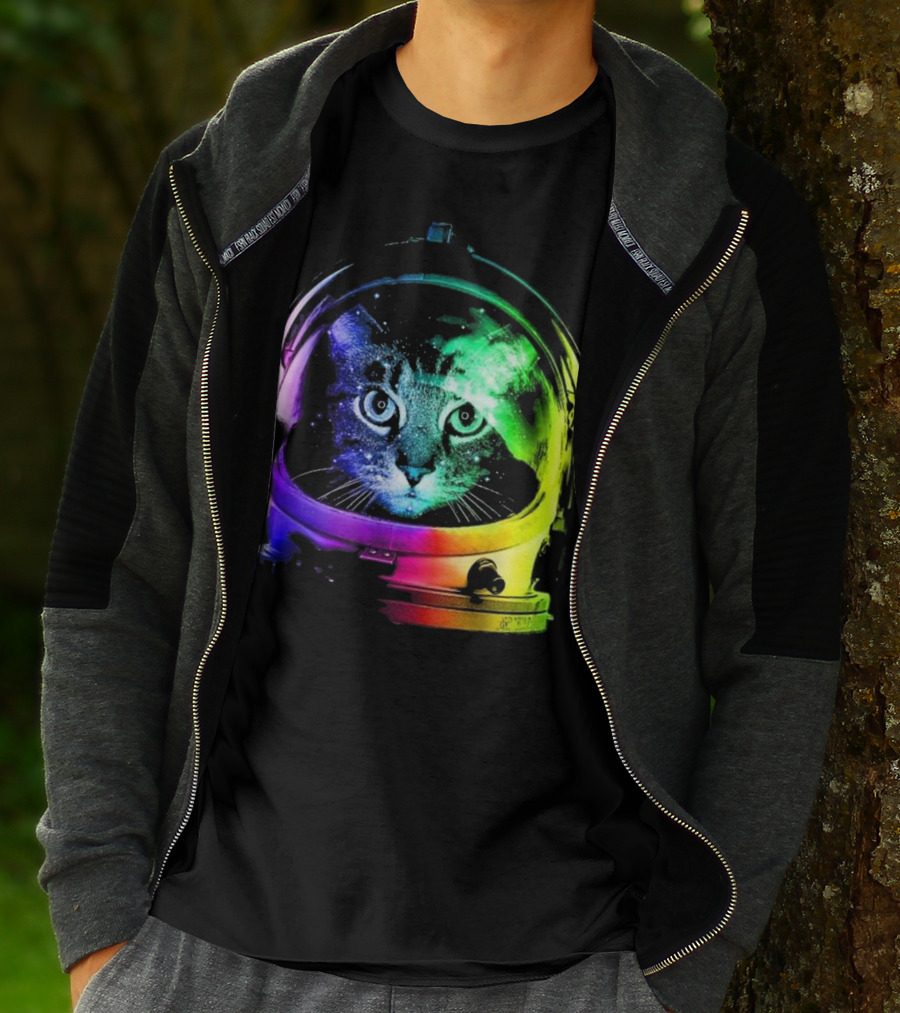 Space Cat In Astronaut Helmet With Cosmic Rainbow Colors T-Shirt