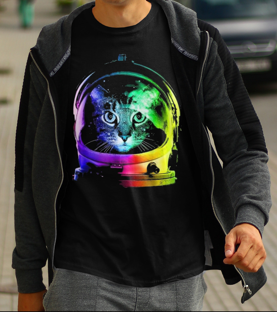 Space Cat In Astronaut Helmet With Cosmic Rainbow Colors T-Shirt