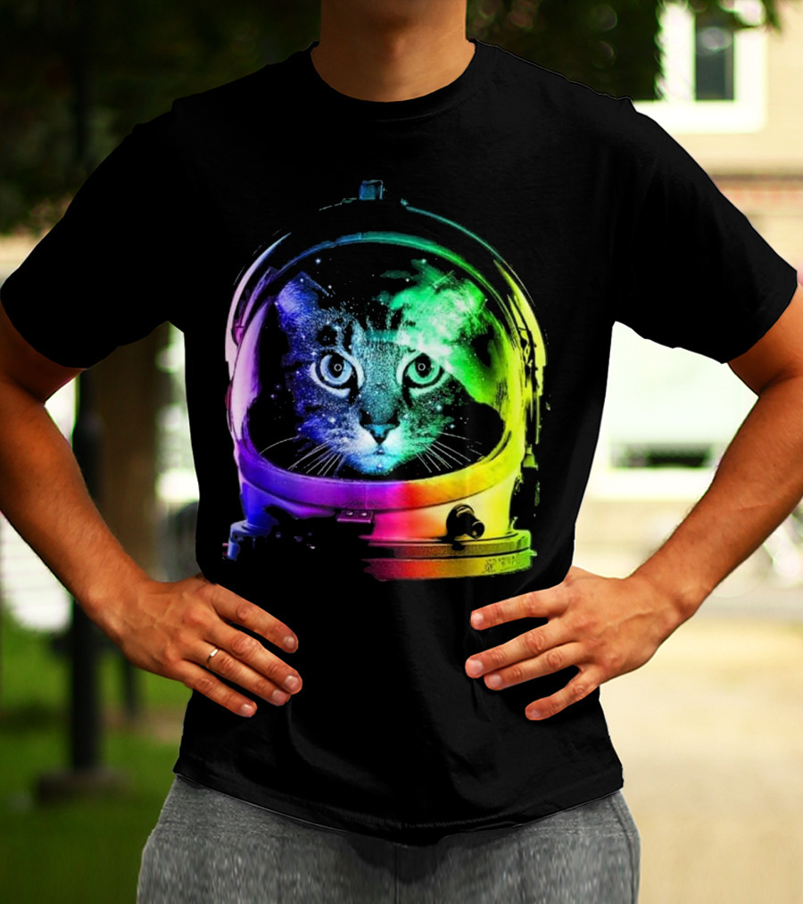 Space Cat In Astronaut Helmet With Cosmic Rainbow Colors T-Shirt