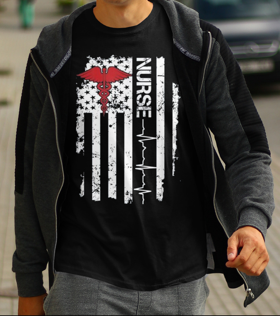 Nurse Caduceus Heartbeat American Flag Stars Stripes T-Shirt
