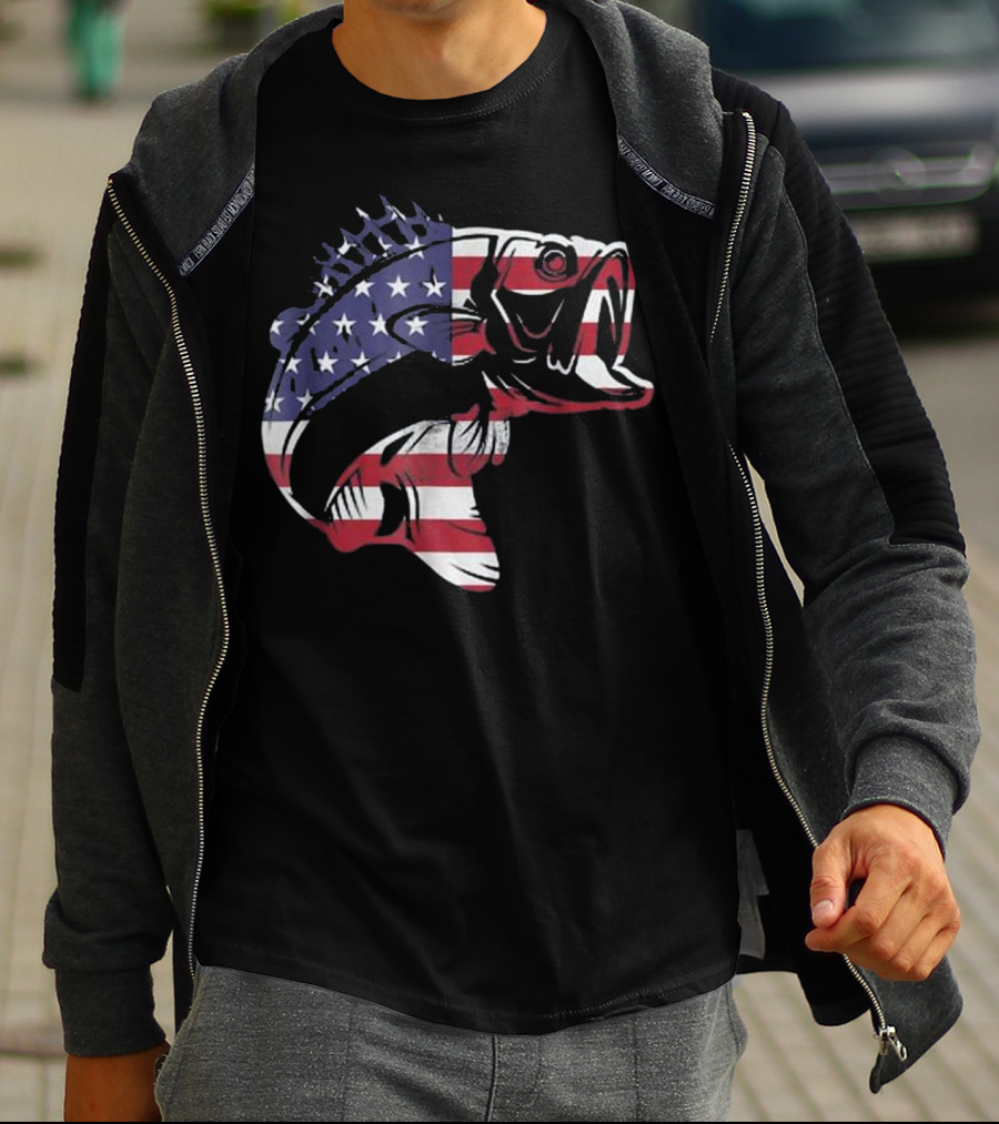 Bass Fishing American Flag Patriotic Bass Fisherman T-Shirt