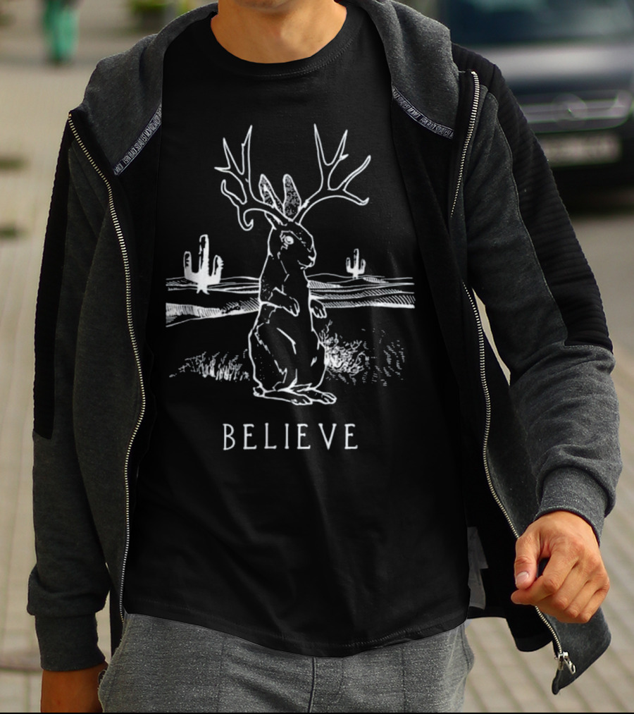 Believe Jackalope Cryptid Antlered Rabbit Desert Scene T-Shirt