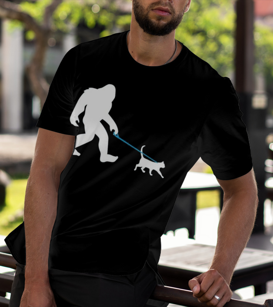 Bigfoot Walking Cat Funny Cute Sasquatch Silhouette Leash T-Shirt