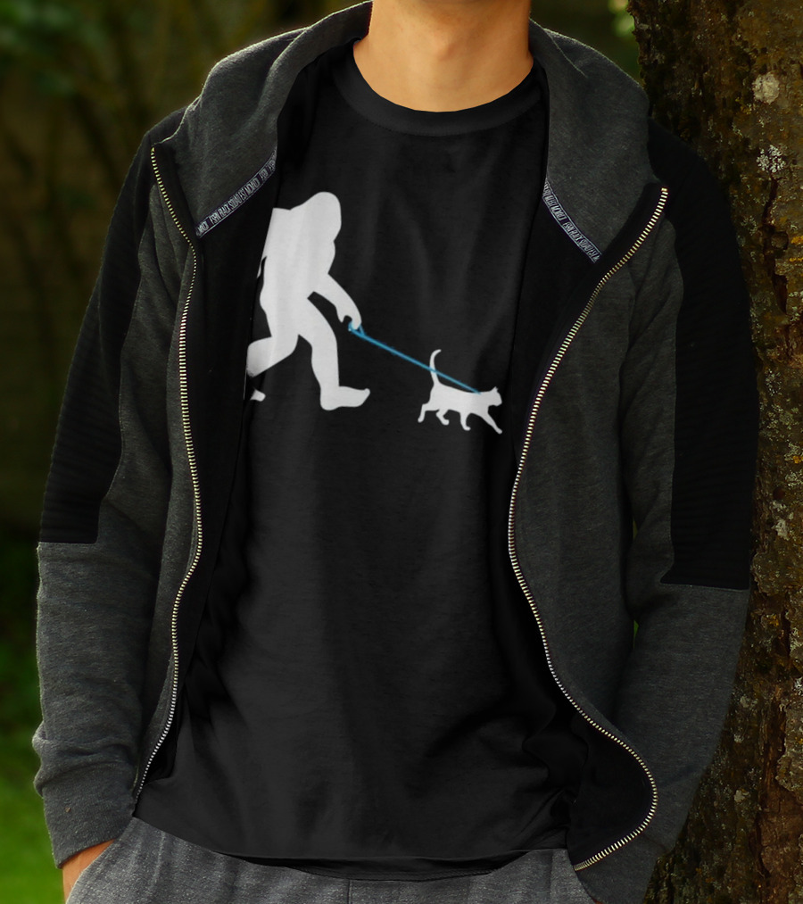 Bigfoot Walking Cat Funny Cute Sasquatch Silhouette Leash T-Shirt