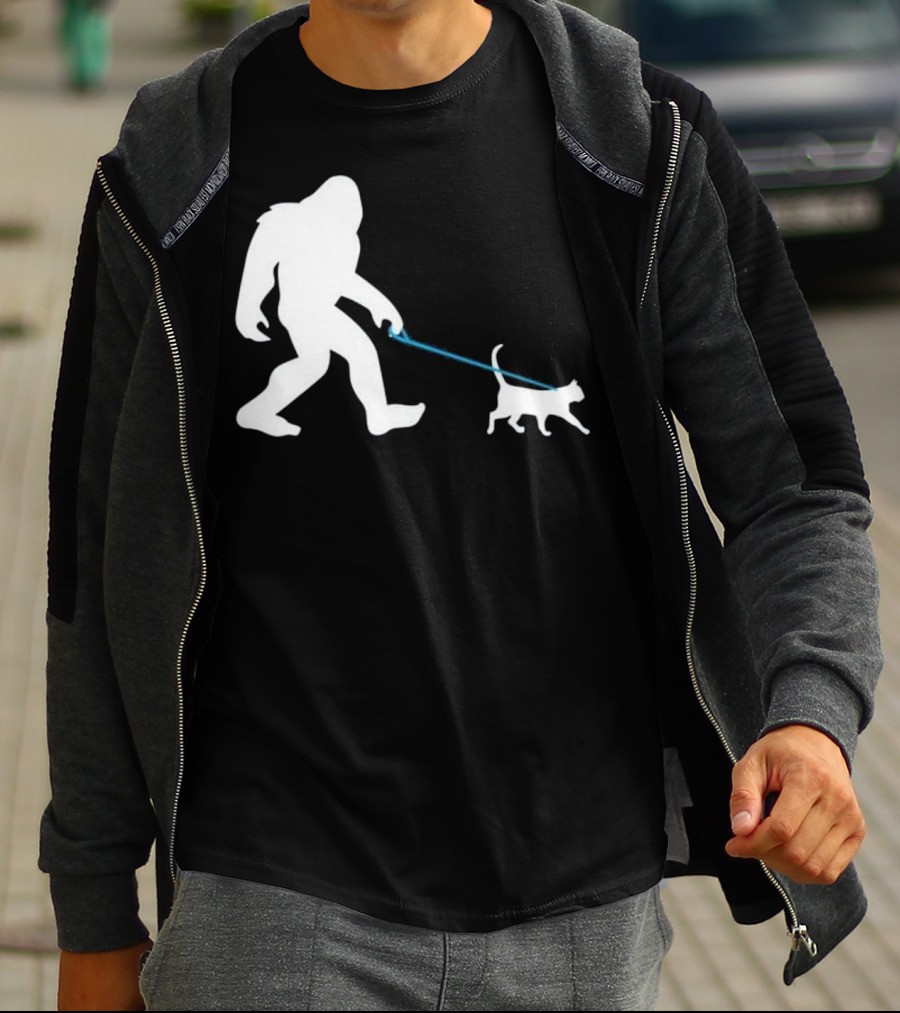 Bigfoot Walking Cat Funny Cute Sasquatch Silhouette Leash T-Shirt