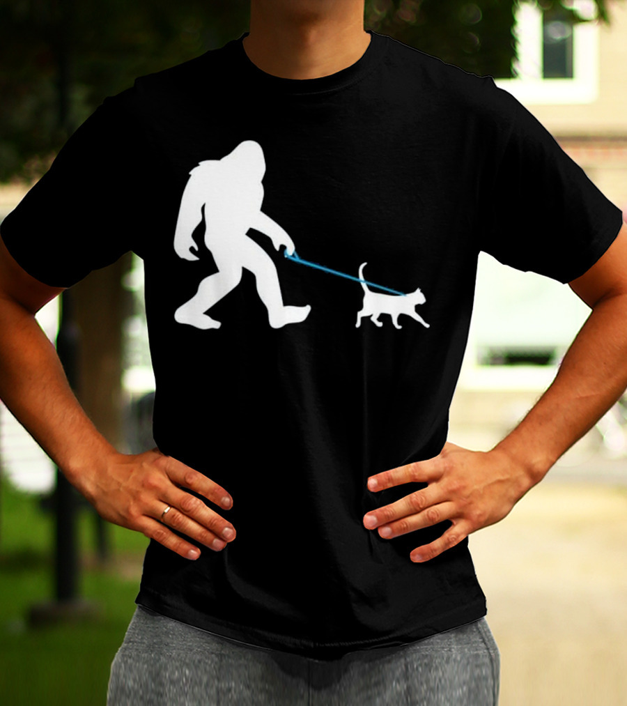 Bigfoot Walking Cat Funny Cute Sasquatch Silhouette Leash T-Shirt