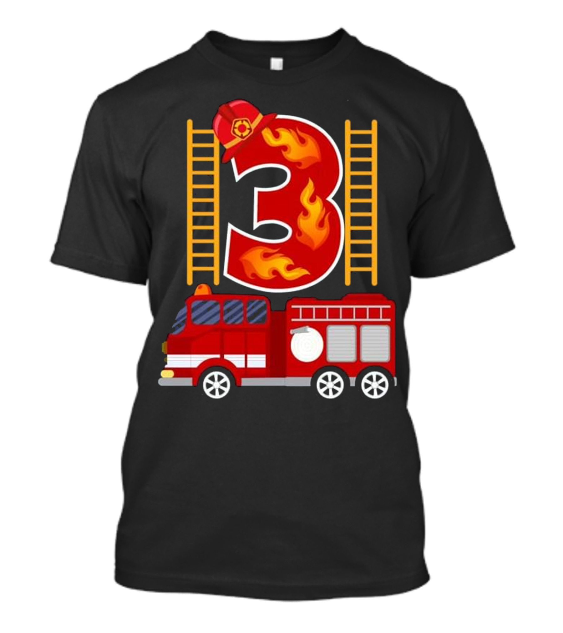 Birthday Firefighter Number 3 Fire Truck Flames Hat Ladder T-Shirt