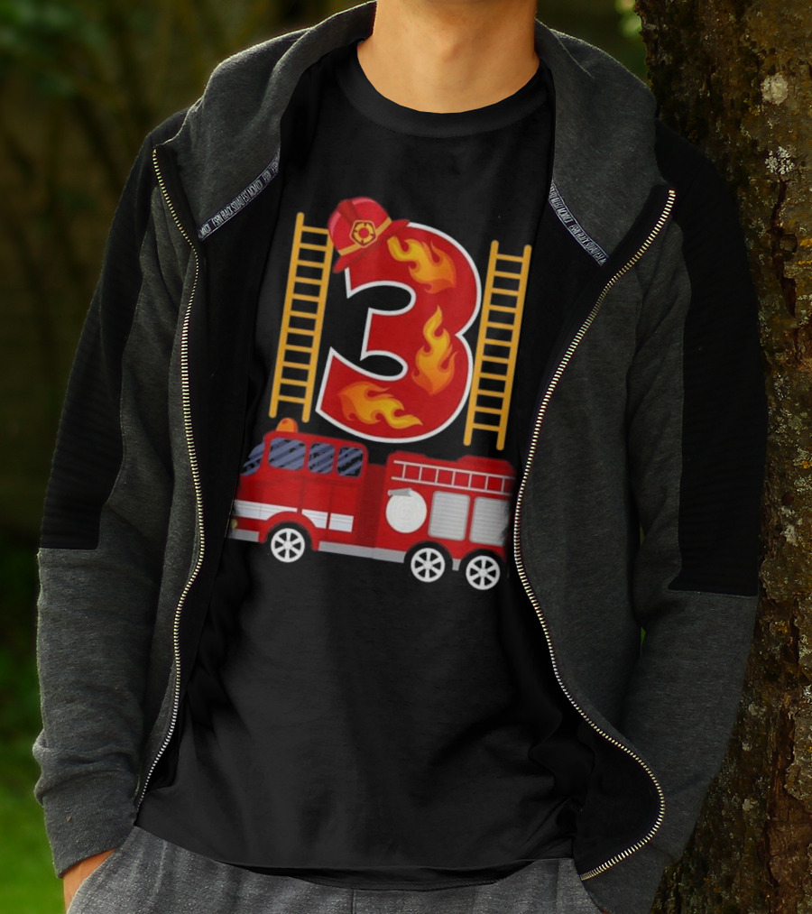 Birthday Firefighter Number 3 Fire Truck Flames Hat Ladder T-Shirt