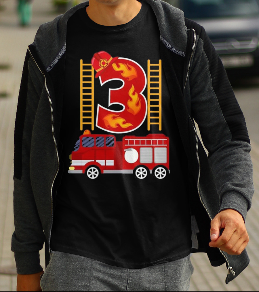 Birthday Firefighter Number 3 Fire Truck Flames Hat Ladder T-Shirt