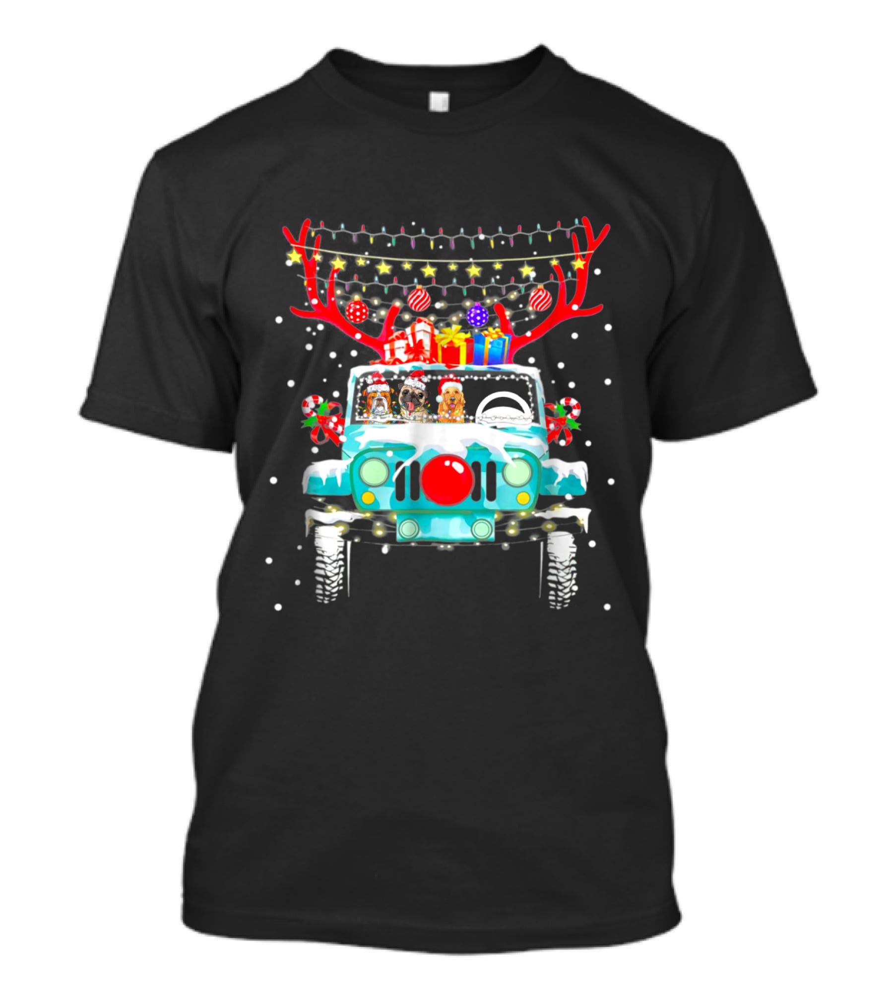 Christmas Jeep Reindeer Antlers Lights And Gifts T-Shirt