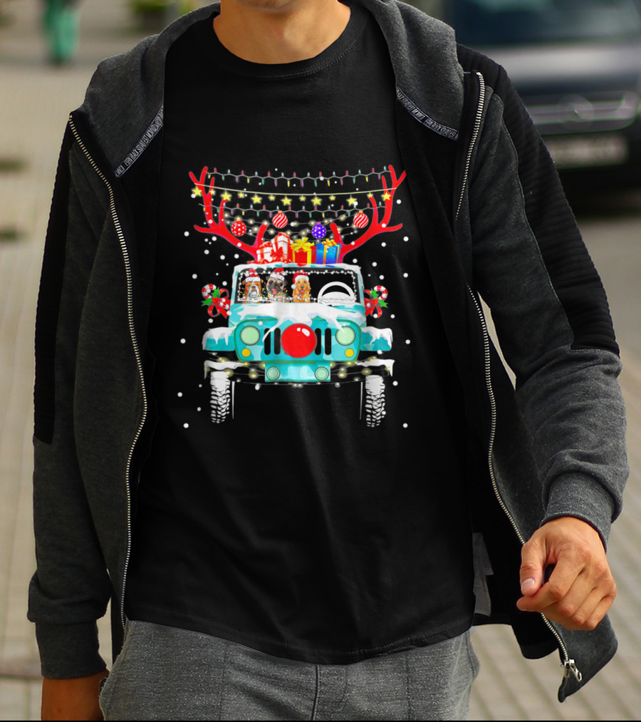 Christmas Jeep Reindeer Antlers Lights And Gifts T-Shirt