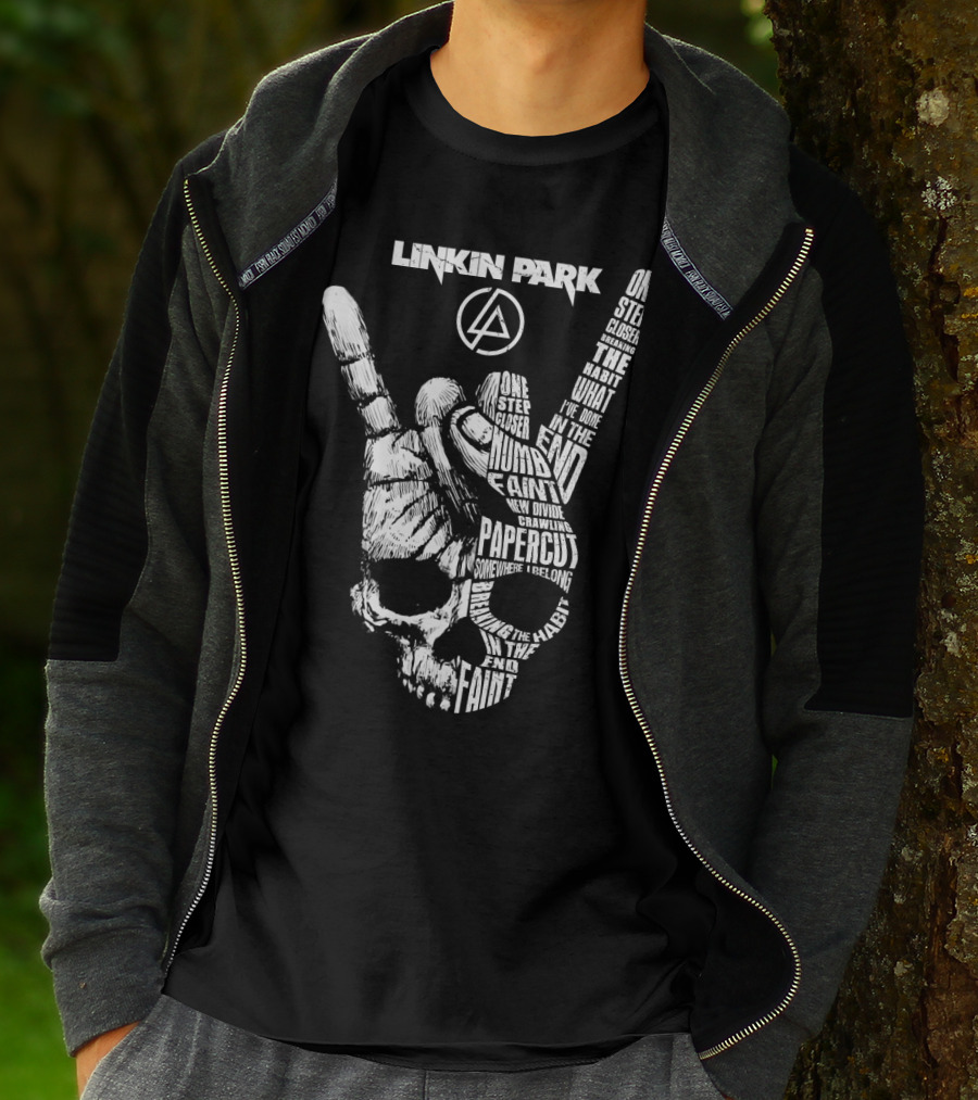 Linkin Park Lyrics Skull Hand Sign With Songs Faint In The End Crawling One Step Closer T-Shirt