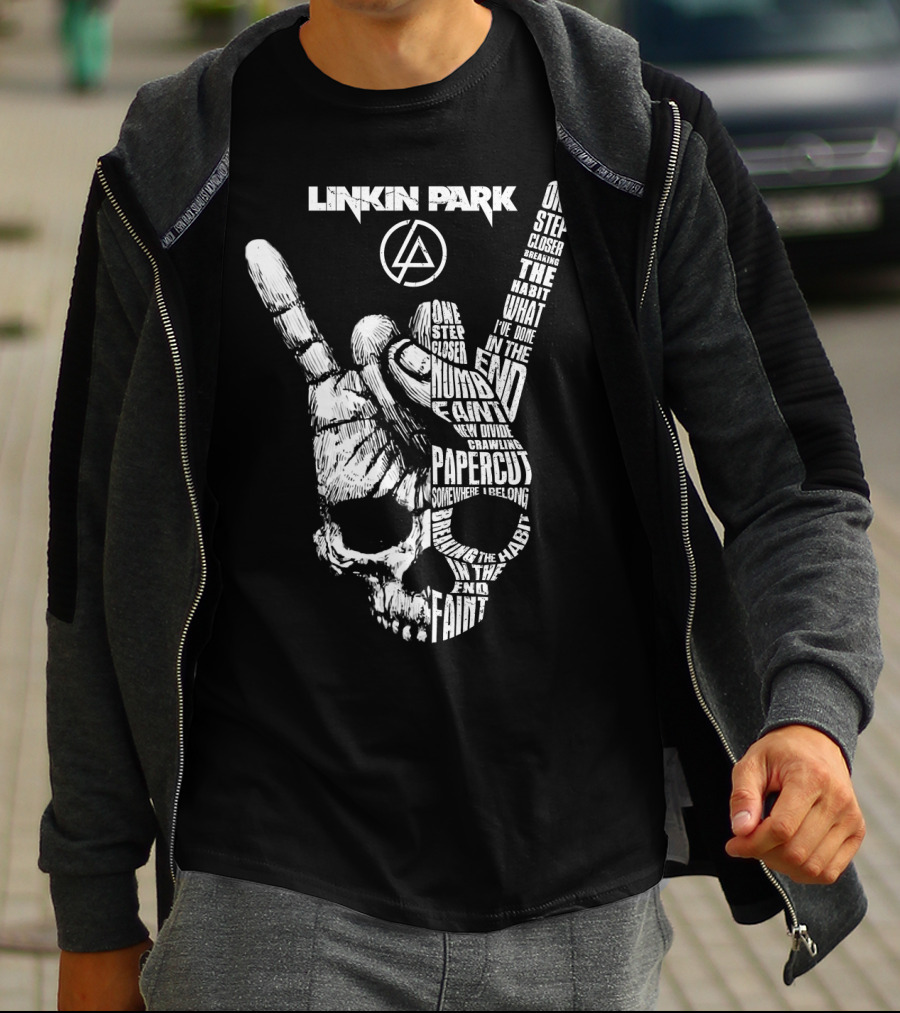 Linkin Park Lyrics Skull Hand Sign With Songs Faint In The End Crawling One Step Closer T-Shirt