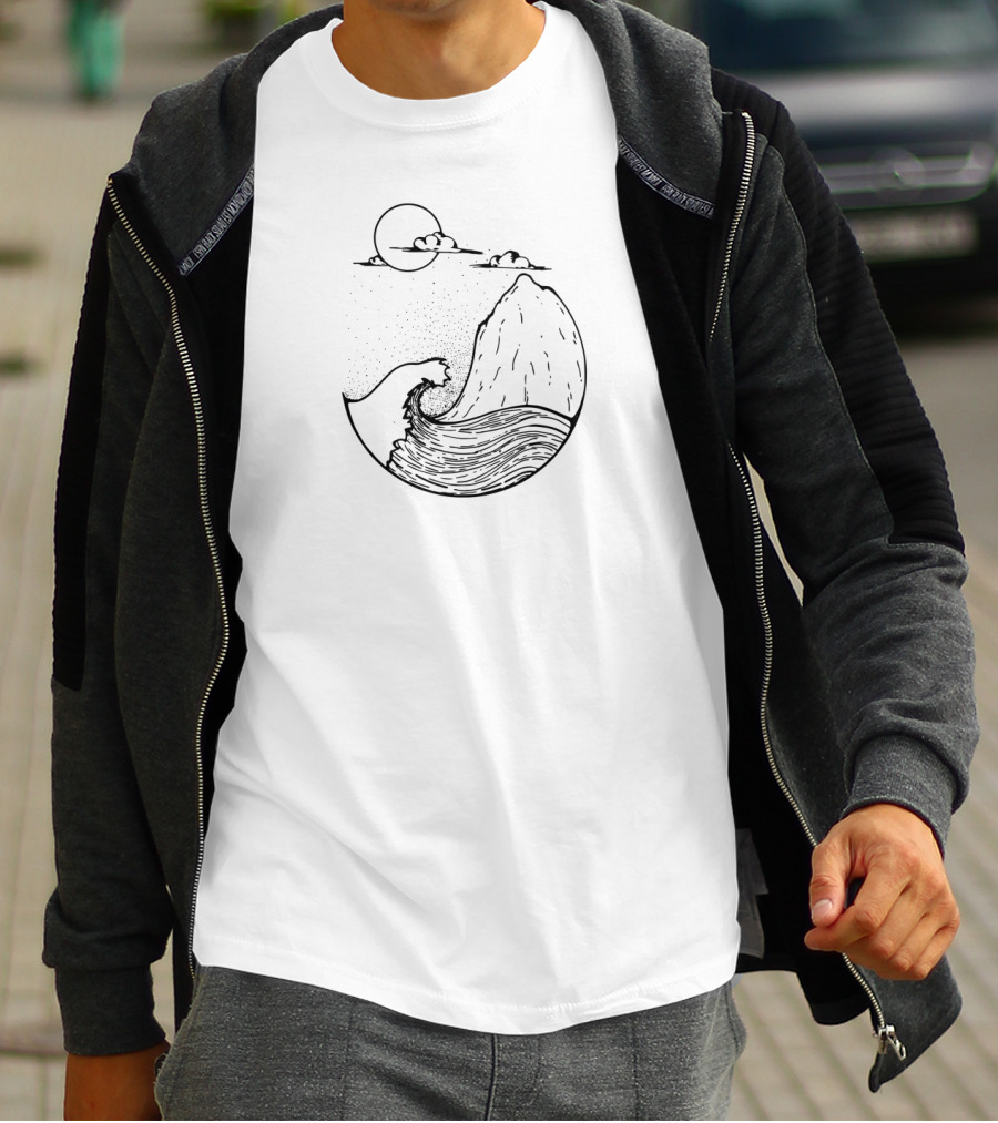 Great Wave Meets Mountain Under Crescent Moon Ocean Scene T-Shirt