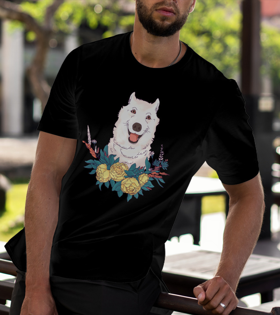 Happy Husky Surrounded By Yellow Flowers And Greenery T-Shirt