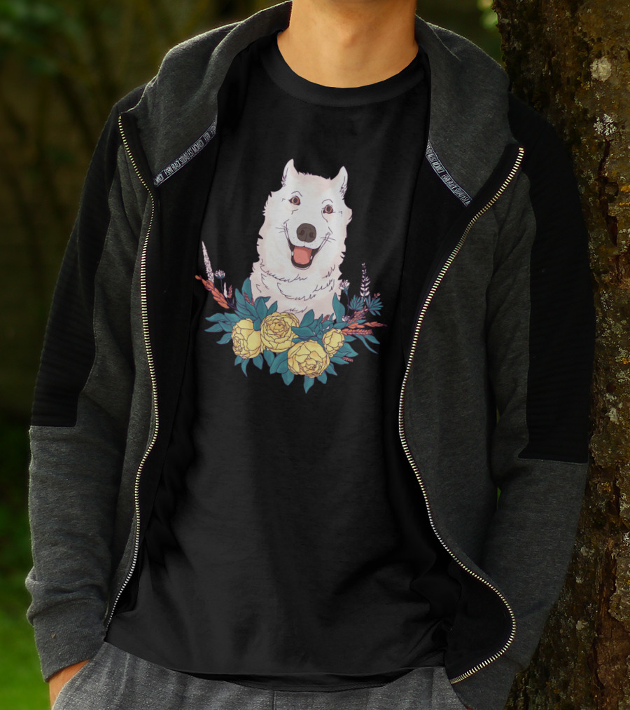 Happy Husky Surrounded By Yellow Flowers And Greenery T-Shirt
