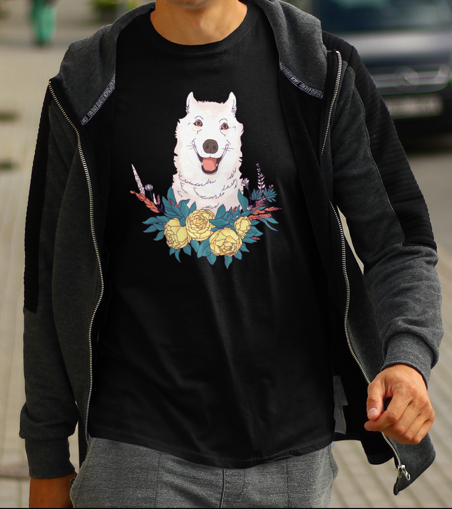 Happy Husky Surrounded By Yellow Flowers And Greenery T-Shirt