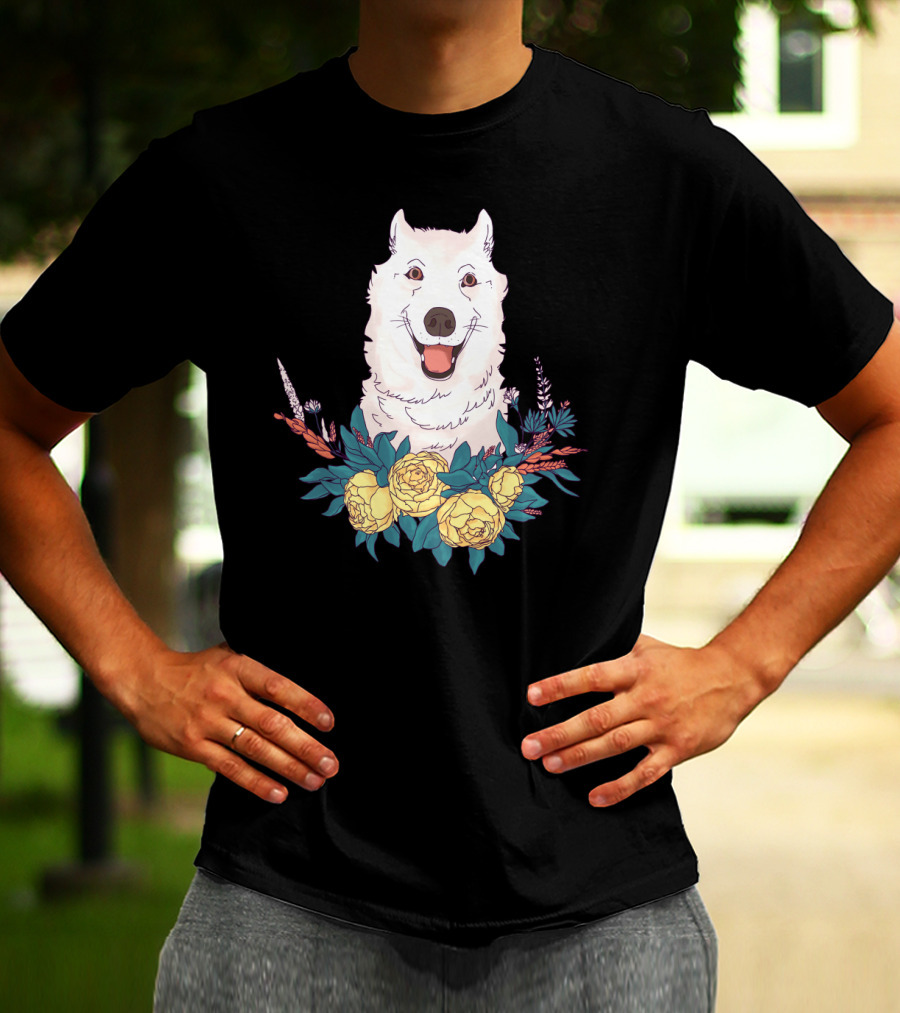 Happy Husky Surrounded By Yellow Flowers And Greenery T-Shirt