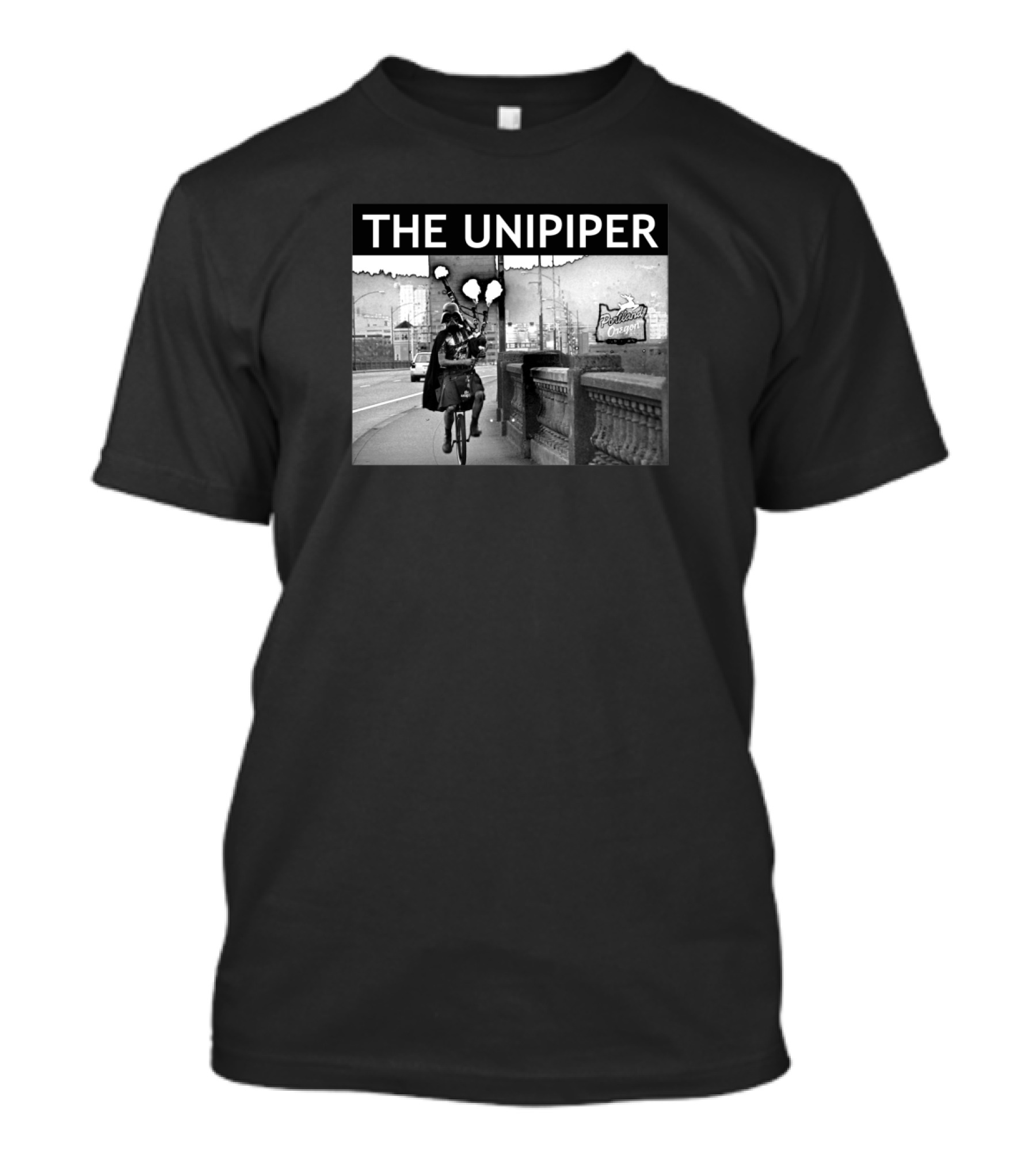 The Unipiper Cycling In Portland Oregon With Bagpipes And Cape T-Shirt