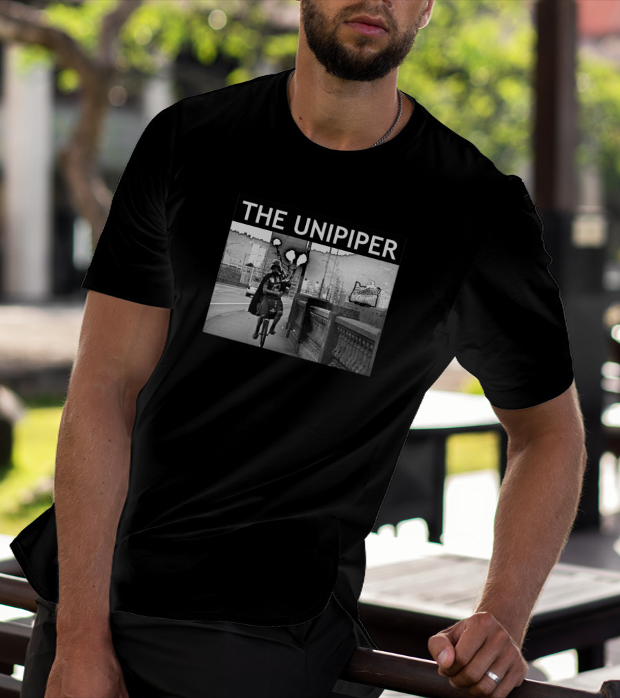 The Unipiper Cycling In Portland Oregon With Bagpipes And Cape T-Shirt